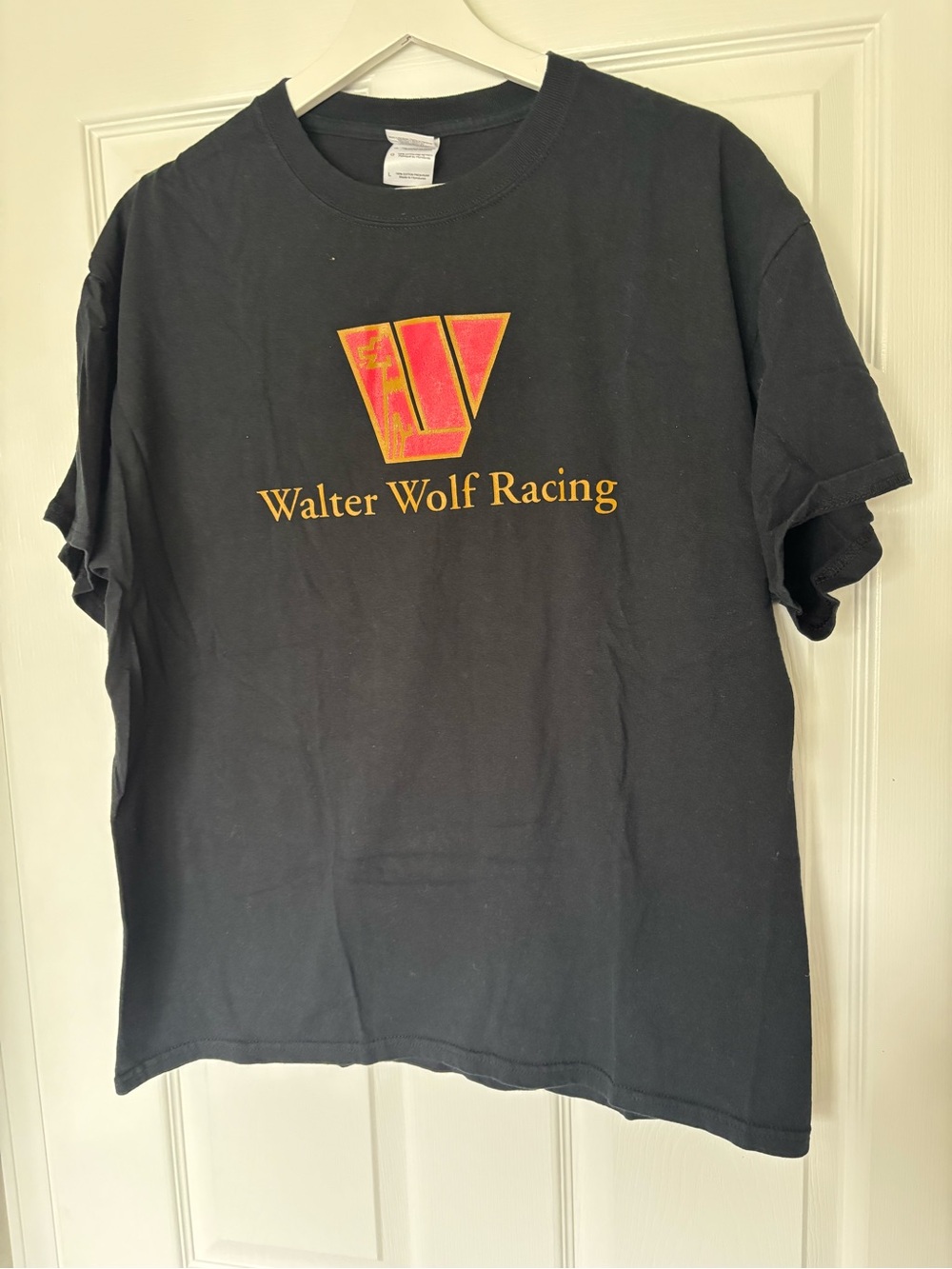 Gildan Black Walter Wolf Racing Logo Tee with Yellow-Red Emblem